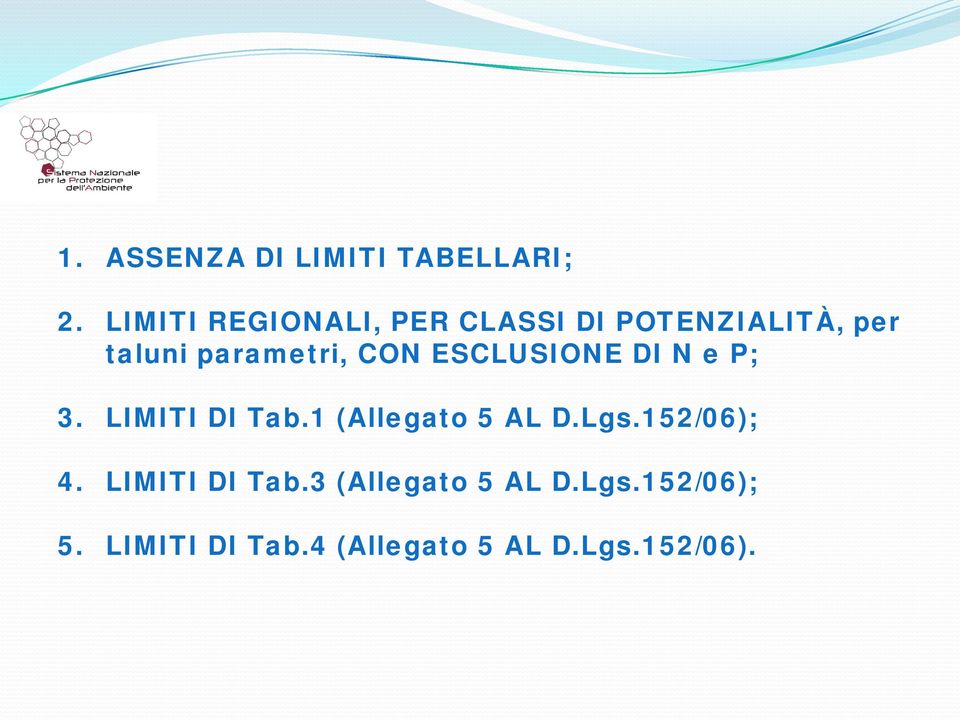 CON ESCLUSIONE DI N e P; 3. LIMITI DI Tab.1 (Allegato 5 AL D.Lgs.