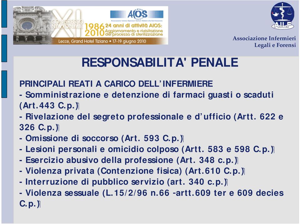 583 e 598 C.p.) - Esercizio abusivo della professione (Art. 348 c.p.) - Violenza privata (Contenzione fisica) (Art.610 C.p.) - Interruzione di pubblico servizio (art.