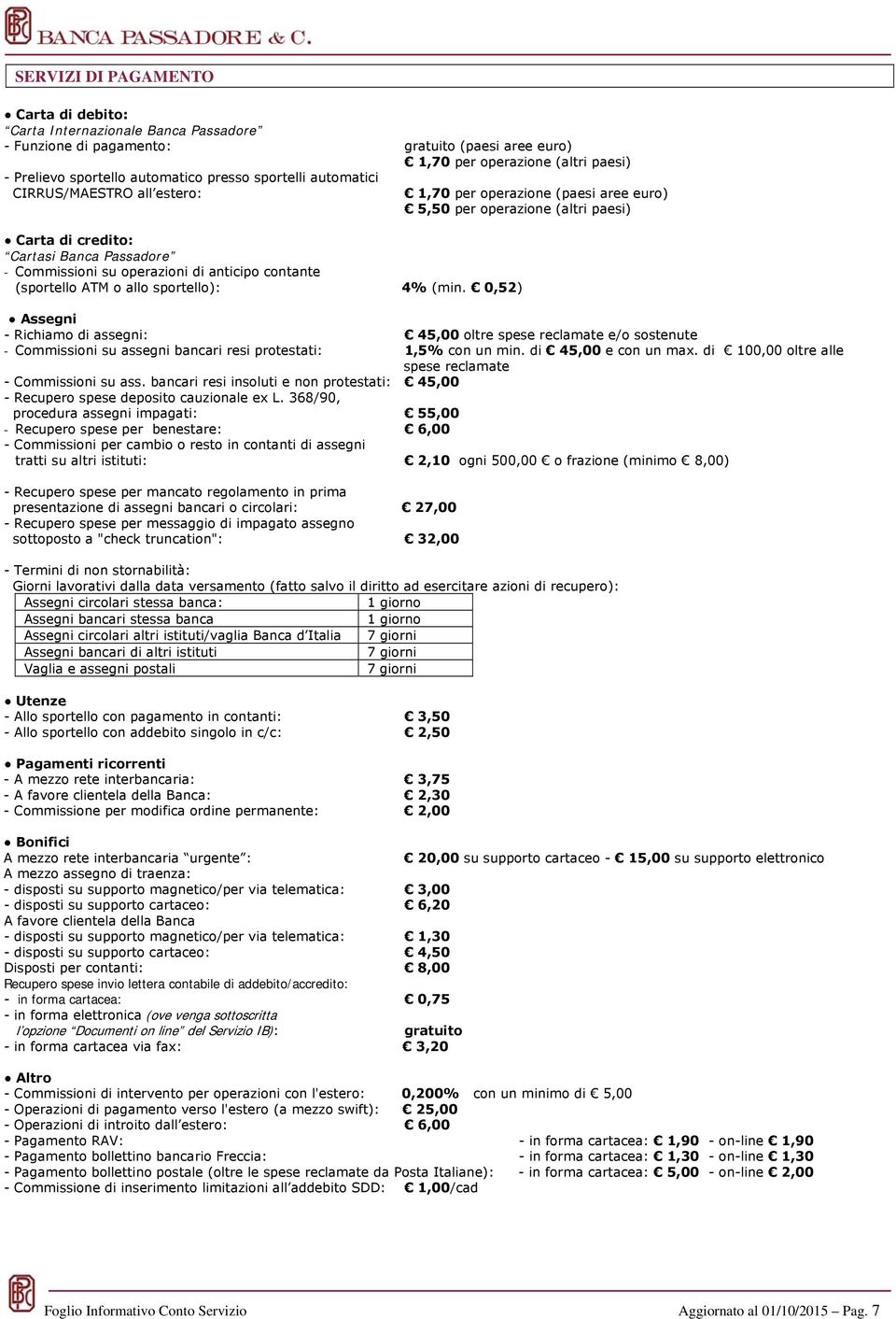 0,52) 1,70 per operazione (paesi aree euro) 5,50 per operazione (altri paesi) Assegni - Richiamo di assegni: 45,00 oltre spese reclamate e/o sostenute - Commissioni su assegni bancari resi