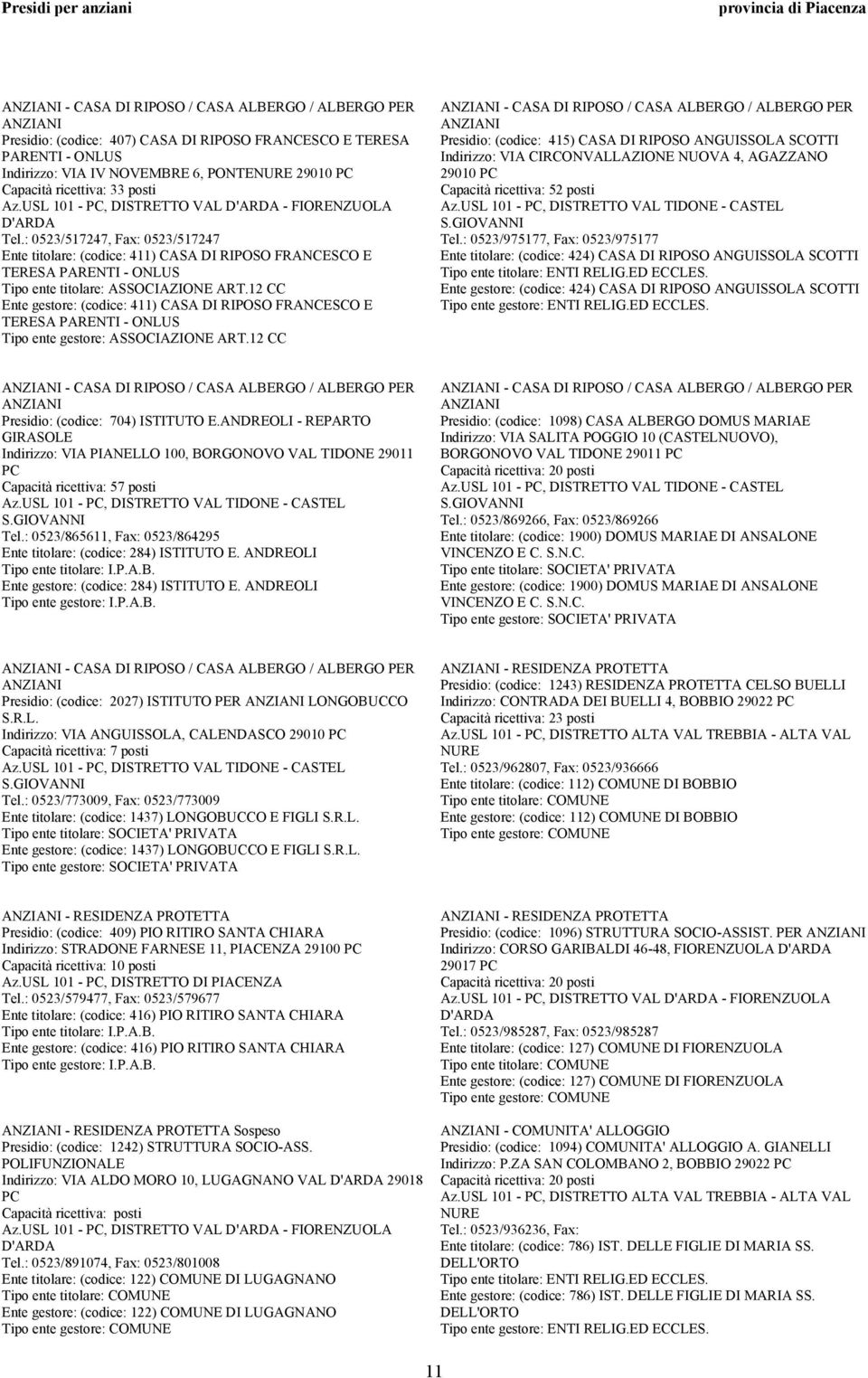 : 0523/517247, Fax: 0523/517247 Ente titolare: (codice: 411) CASA DI RIPOSO FRANCESCO E TERESA PARENTI - ONLUS Tipo ente titolare: ASSOCIAZIONE ART.