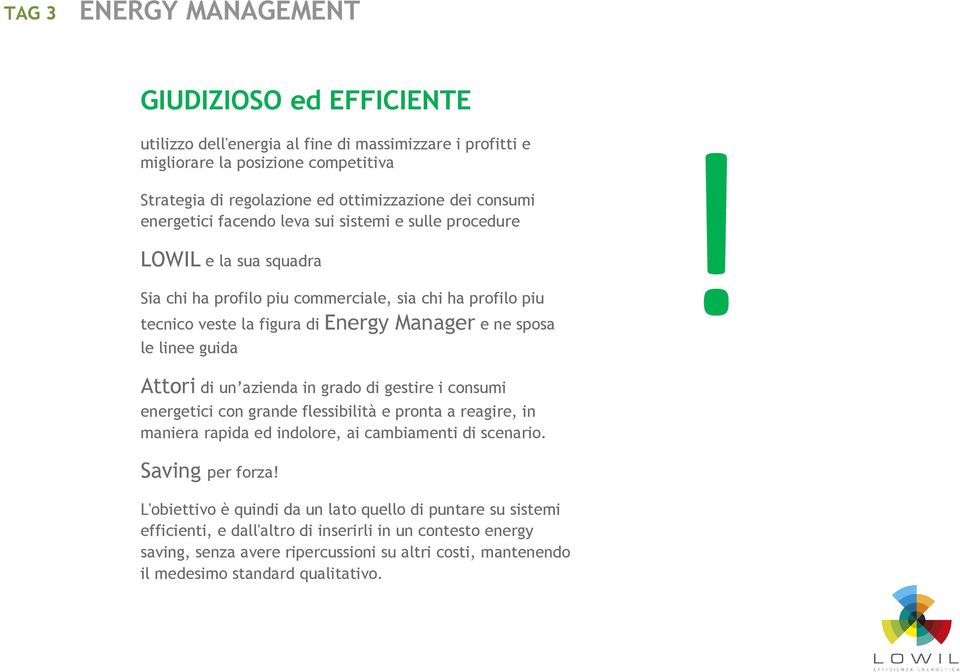 guida Attori di un azienda in grado di gestire i consumi energetici con grande flessibilità e pronta a reagire, in maniera rapida ed indolore, ai cambiamenti di scenario. Saving per forza!