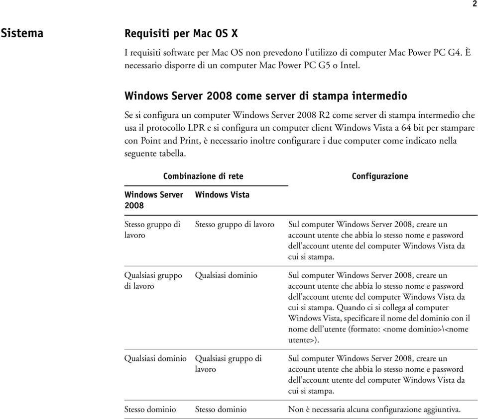 Windows Vista a 64 bit per stampare con Point and Print, è necessario inoltre configurare i due computer come indicato nella seguente tabella.