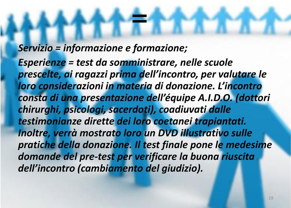 (dottori chirurghi, psicologi, sacerdoti), coadiuvati dalle testimonianze dirette dei loro coetanei trapiantati.