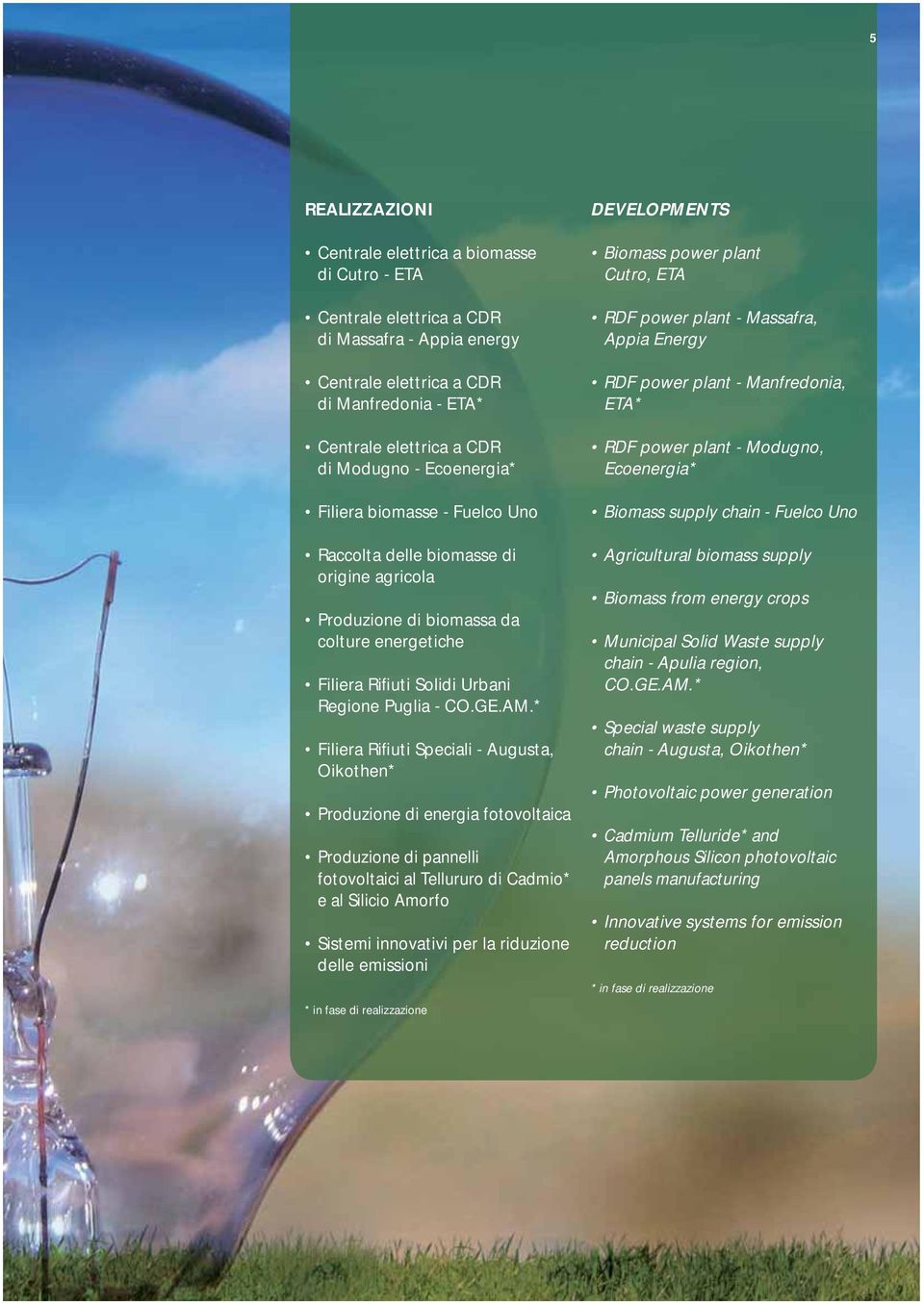 * Filiera Rifiuti Speciali - Augusta, Oikothen* Produzione di energia fotovoltaica Produzione di pannelli fotovoltaici al Tellururo di Cadmio* e al Silicio Amorfo Sistemi innovativi per la riduzione