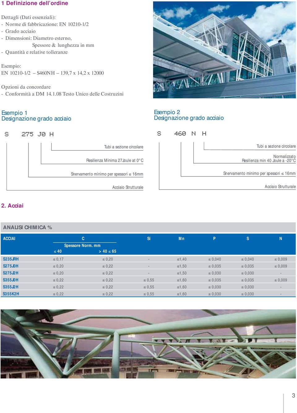 210-1/2 S460NH 139,7 x 14,2 x 12000 Opzioni da concordare - Conformità a DM 14.1.08 Testo Unico delle Costruzini Esempio 1 Designazione grado acciaio Esempio 2 Designazione grado acciaio S 275 J0 H S