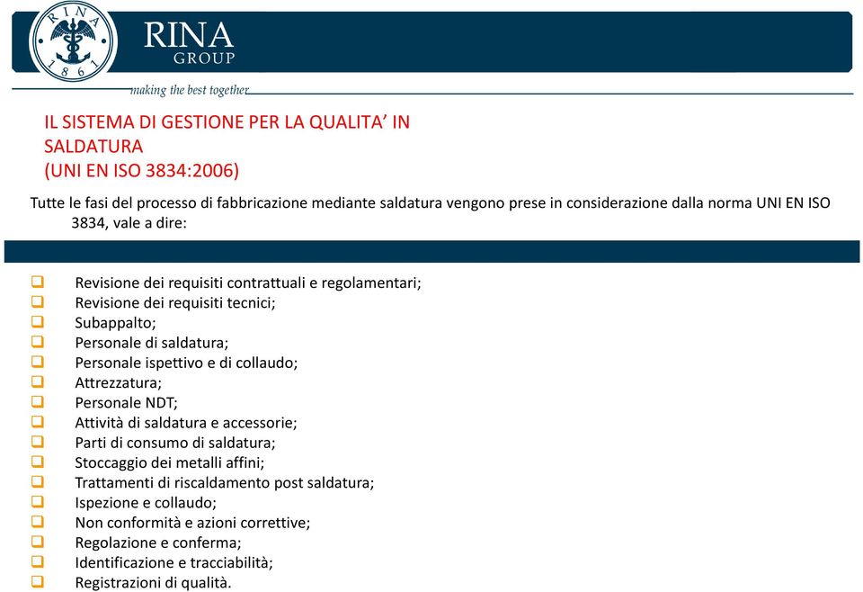 Personale ispettivo e di collaudo; Attrezzatura; Personale NDT; Attività di saldatura e accessorie; Parti di consumo di saldatura; Stoccaggio dei metalli affini;