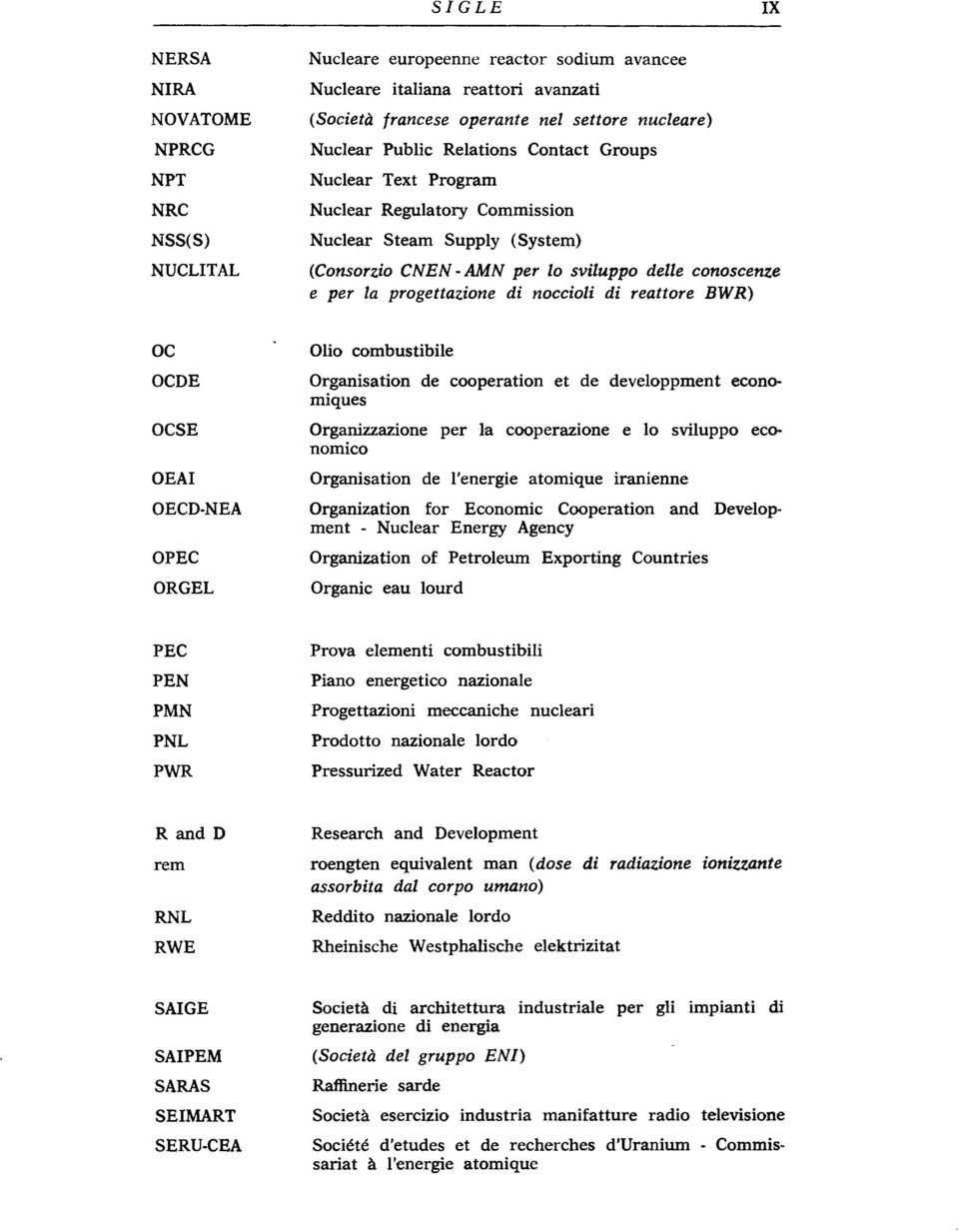 noccioli di reattore BWR) OC OCDE OCSE OEAI Olio combustibile Organisation de cooperation et de developpment économiques Organizzazione per la cooperazione e lo sviluppo economico Organisation de