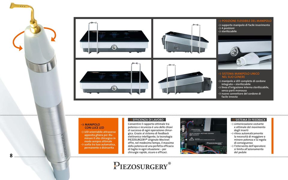 ghiera per illuminare il sito chirurgico in modo sempre ottimale Û scelta tra luce automatica, permanente o disinserita Û EFFICIENZA DI LAVORO Consentire il rapporto ottimale tra potenza e sicurezza