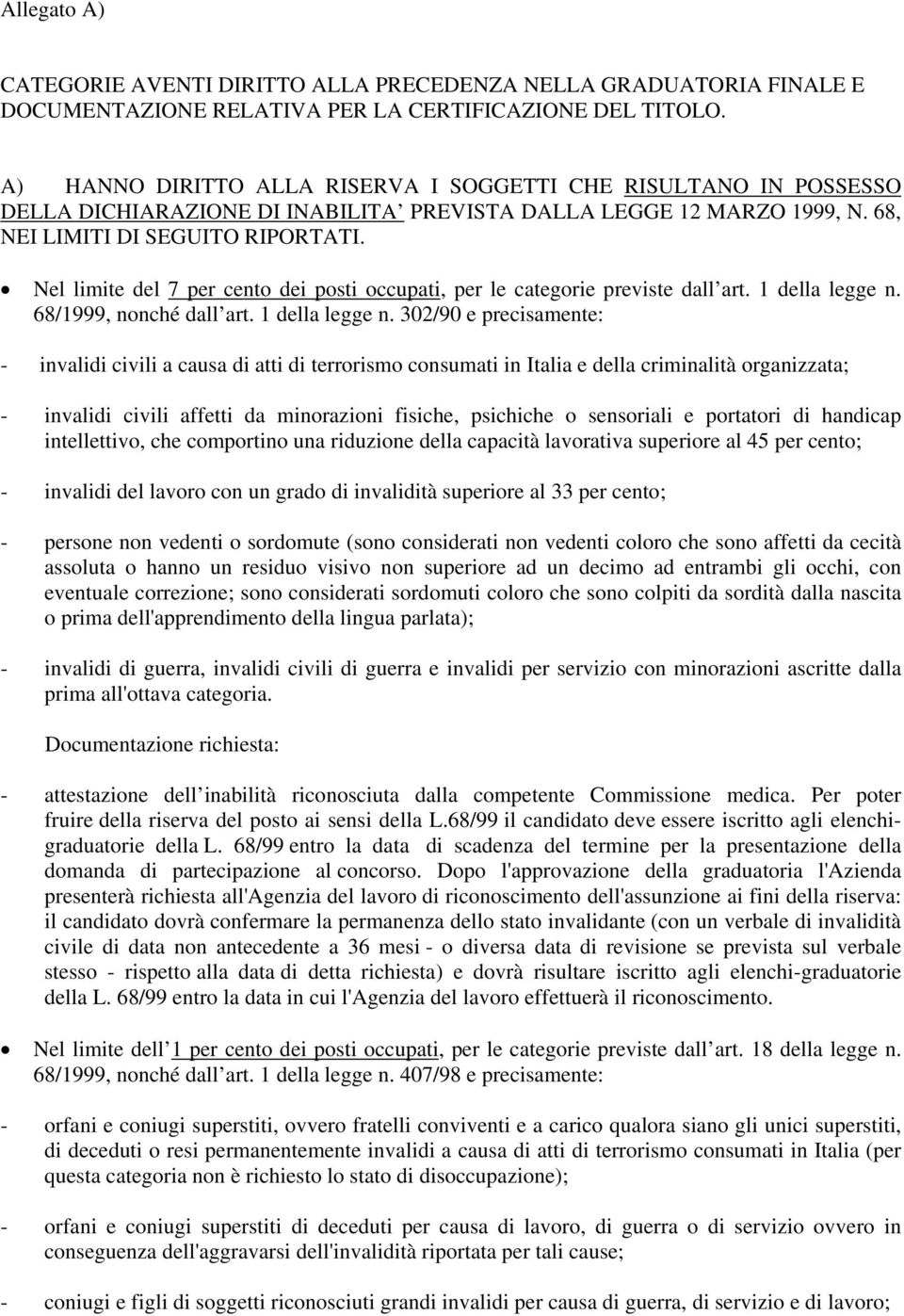 Nel limite del 7 per cento dei posti occupati, per le categorie previste dall art. 1 della legge n.