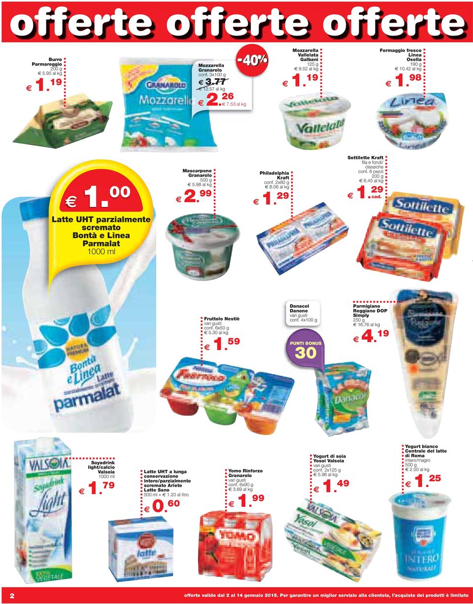 8 pezzi 200 g 6.45 al kg 1. 29 Latte UHT parzialmente scremato Bontà e Linea Parmalat Fruttolo Nestlè conf. 6x50 g 5.30 al kg 1. 59 Danacol Danone conf. 4x100 g 30 Parmigiano Reggiano DOP Simply 16.