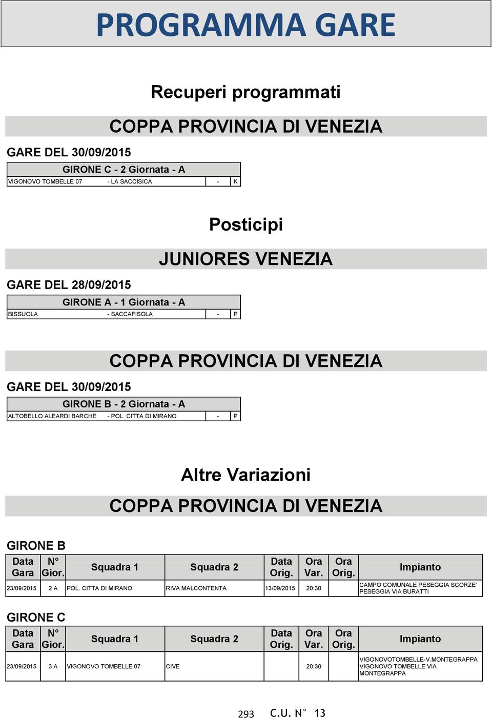 CITTA DI MIRANO - P Altre Variazioni COPPA PROVINCIA DI VENEZIA GIRONE B Gara N Gior. Squadra 1 Squadra 2 Var. 2 A POL.