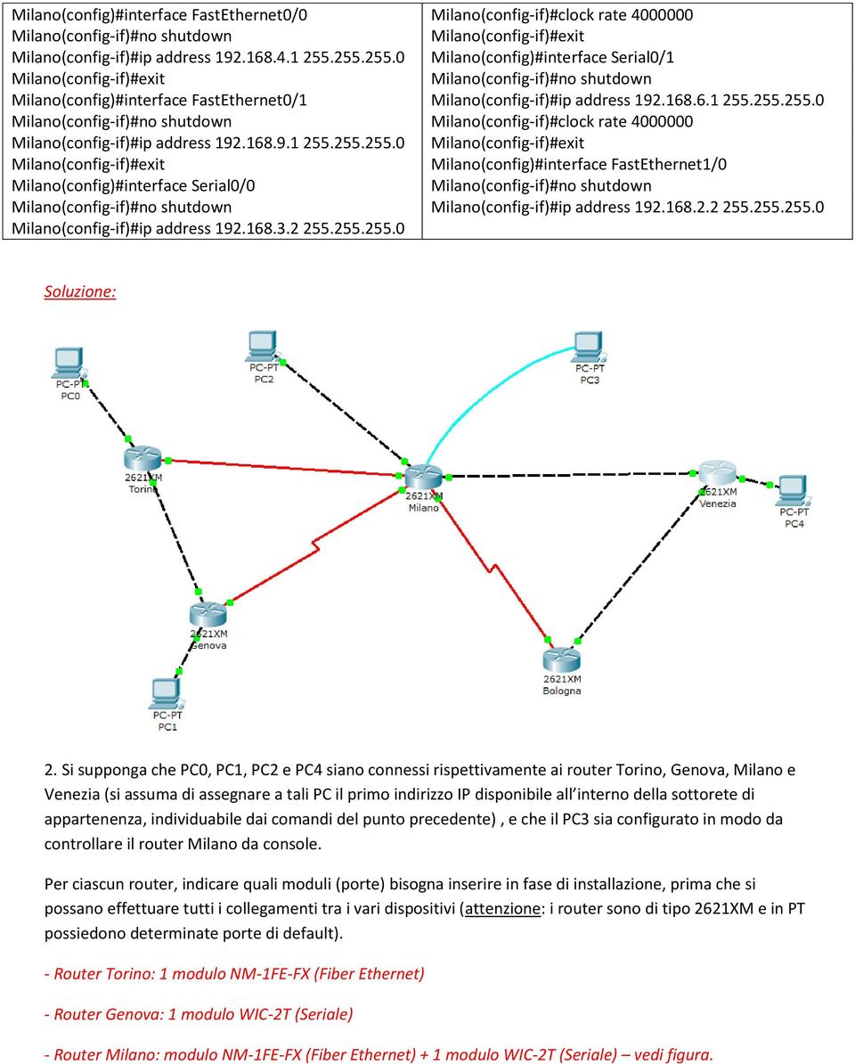 168.9.1 255.255.255.0 Milano(config)#interface FastEthernet1/0 Milano(config)#interface Serial0/0 Milano(config-if)#ip address 192.168.2.2 255.255.255.0 Milano(config-if)#ip address 192.168.3.2 255.255.255.0 Soluzione: 2.