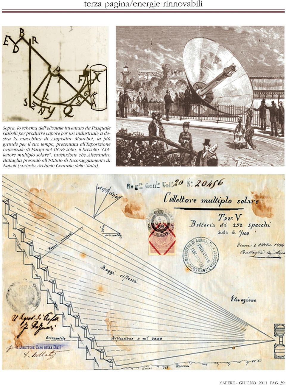 Universale di Parigi nel 1878; sotto, il brevetto Collettore multiplo solare, invenzione che Alessandro Battaglia