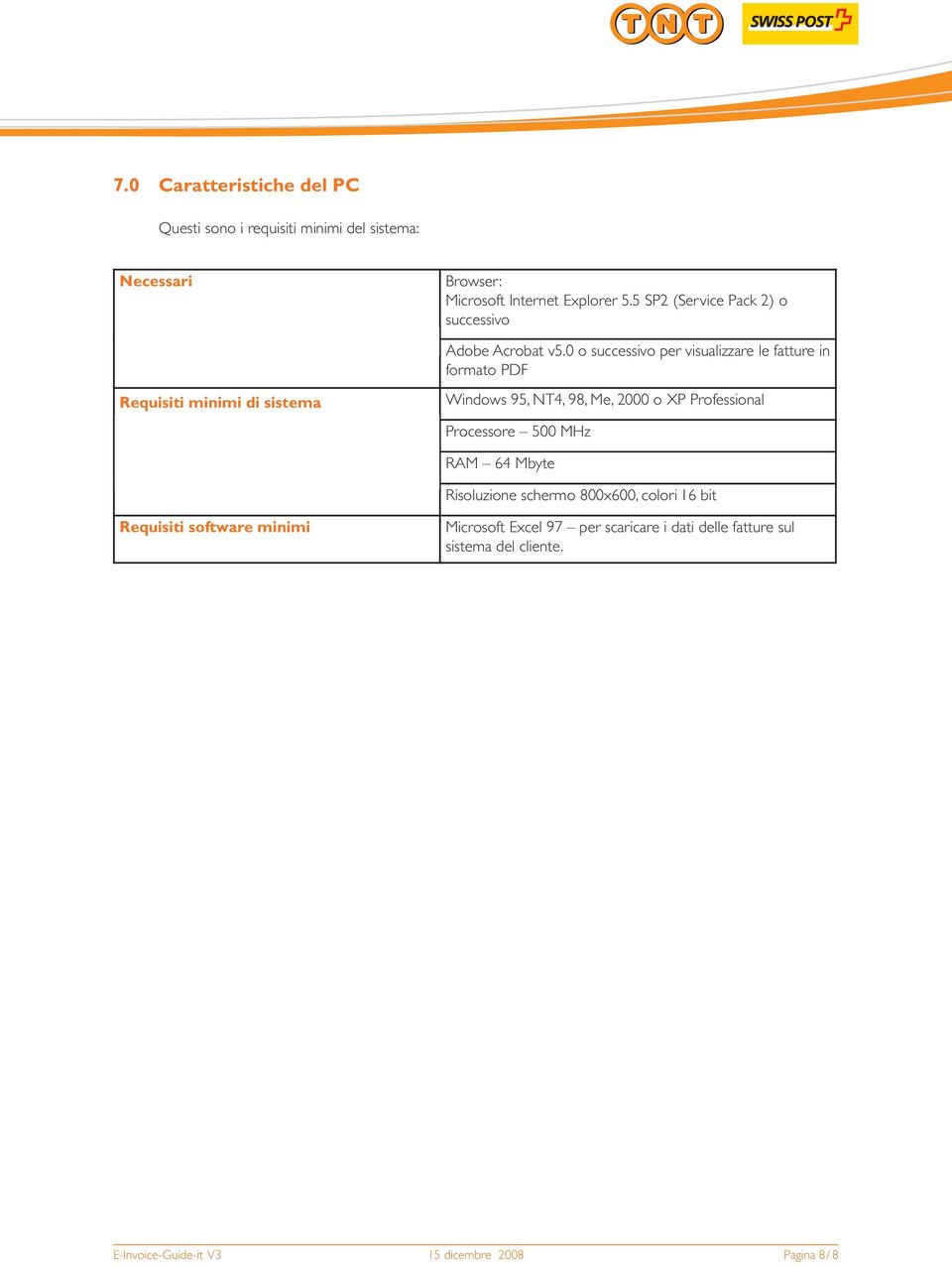 0 o successivo per visualizzare le fatture in formato PDF Requisiti minimi di sistema Windows 95, NT4, 98, Me, 2000 o XP Professional