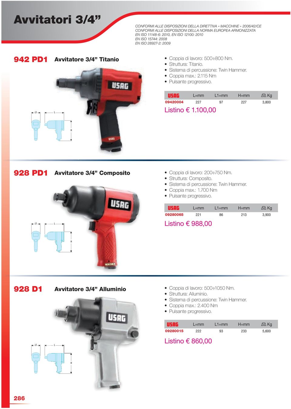 100,00 09420004 227 97 227 3,800 928 PD1 Avvitatore 3/4 Composito Coppia di lavoro: 200 750 Nm. Struttura: Composito. Sistema di percussione: Twin Hammer. Coppia max.: 1.700 Nm Pulsante progressivo.