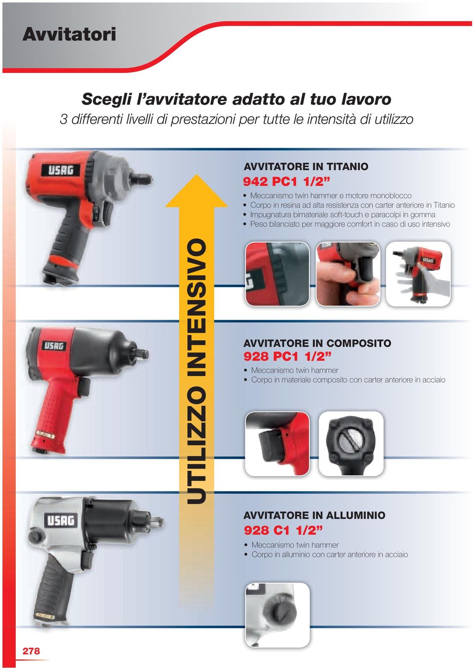 in gomma Peso bilanciato per maggiore comfort in caso di uso intensivo UTILIZZO INTENSIVO AVVITATORE IN COMPOSITO 928 PC1 1/2 Meccanismo twin hammer Corpo in