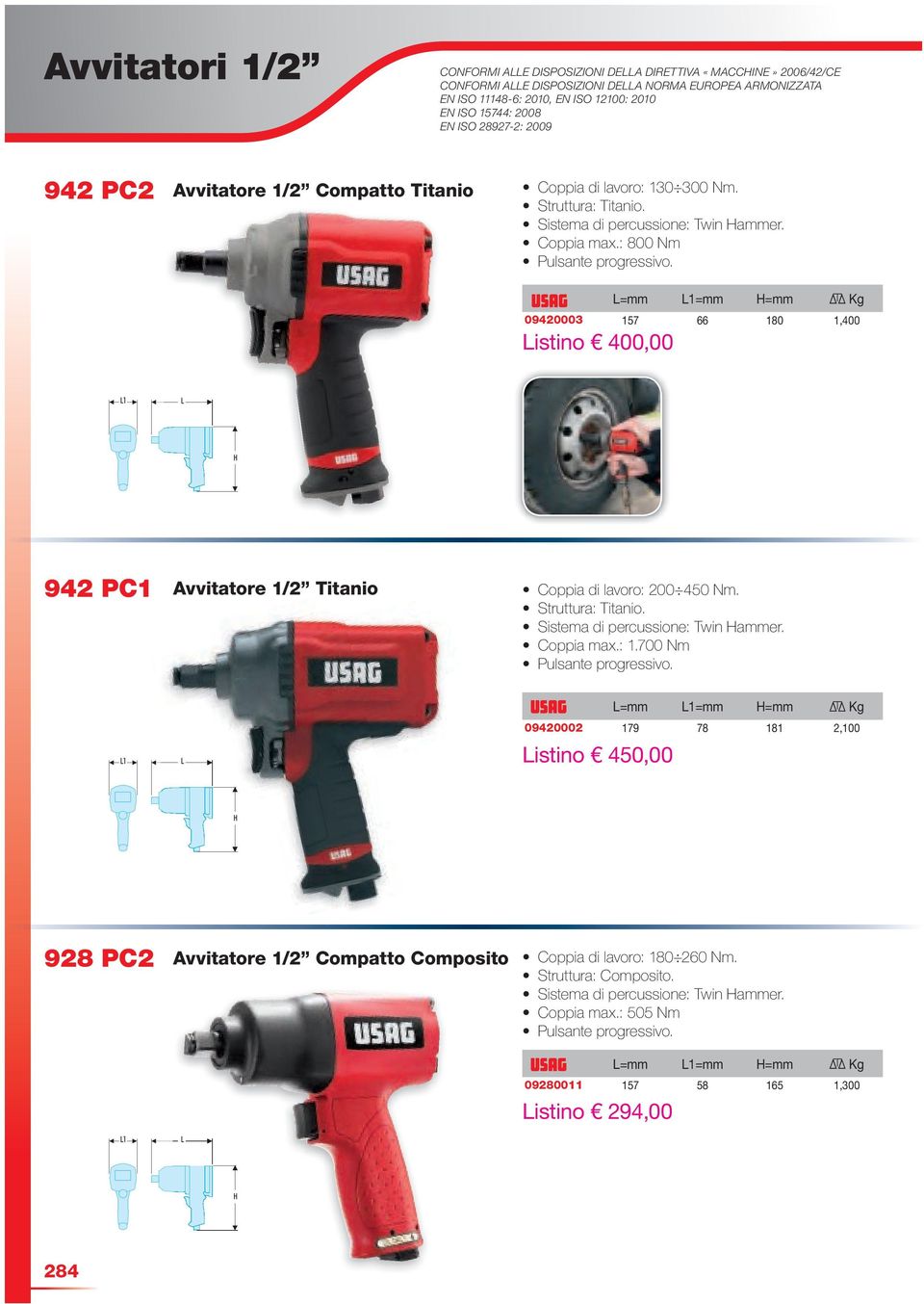 Listino 400,00 09420003 157 66 180 1,400 942 PC1 Avvitatore 1/2 Titanio Coppia di lavoro: 200 450 Nm. Struttura: Titanio. Sistema di percussione: Twin Hammer. Coppia max.: 1.