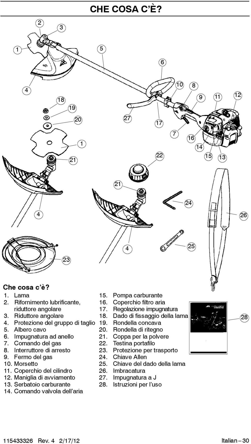 Rondella di ritegno 6. Impugnatura ad anello 21. Coppa per la polvere 7. Comando del gas 22. Testina portafilo 8. Interruttore di arresto 23. Protezione per trasporto 9. Fermo del gas 24.