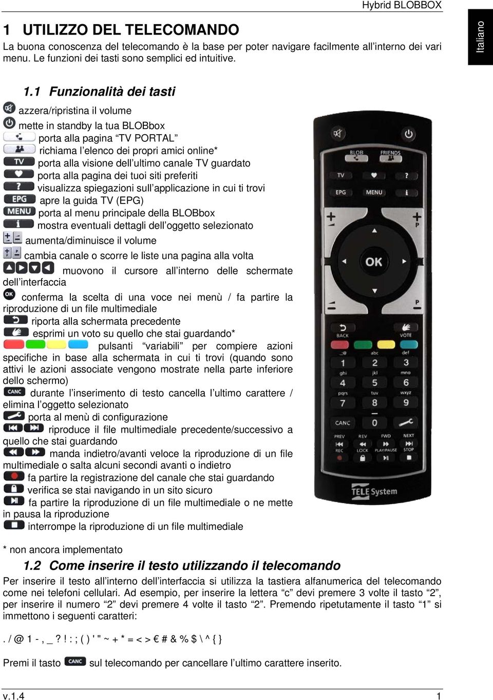 1 Funzionalità dei tasti azzera/ripristina il volume mette in standby la tua BLOBbox porta alla pagina TV PORTAL richiama l elenco dei propri amici online* porta alla visione dell ultimo canale TV