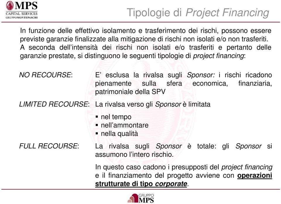 la rivalsa sugli Sponsor: i rischi ricadono pienamente sulla sfera economica, finanziaria, patrimoniale della SPV La rivalsa verso gli Sponsor è limitata nel tempo nell ammontare nella qualità