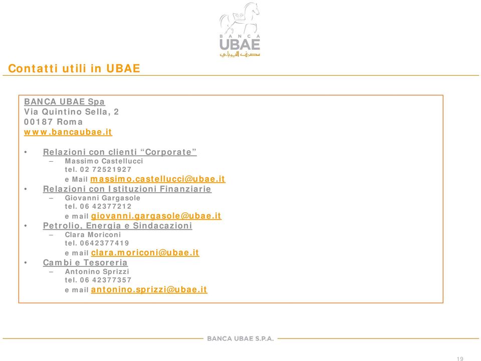 it Relazioni con Istituzioni Finanziarie Giovanni Gargasole tel. 06 42377212 e mail giovanni.gargasole@ubae.