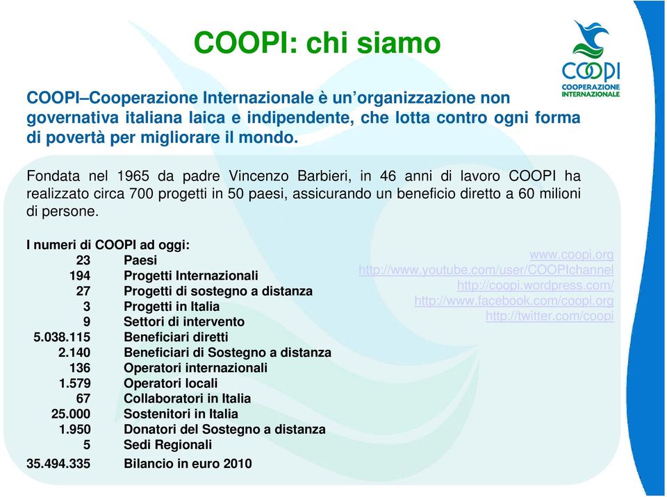 I numeri di COOPI ad oggi: 23 Paesi 194 Progetti Internazionali 27 Progetti di sostegno a distanza 3 Progetti in Italia 9 Settori di intervento 5.038.115 Beneficiari diretti 2.