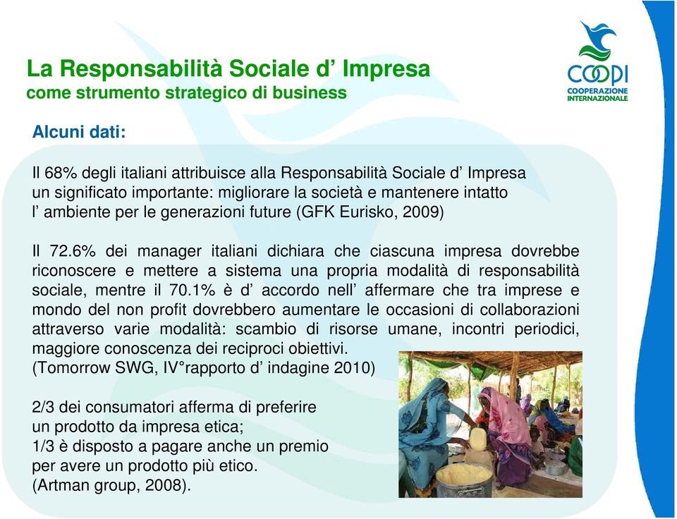 6% dei manager italiani dichiara che ciascuna impresa dovrebbe riconoscere e mettere a sistema una propria modalità di responsabilità sociale, mentre il 70.