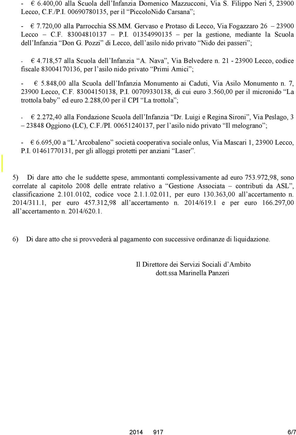 Pozzi di Lecco, dell asilo nido privato Nido dei passeri ; - 4.718,57 alla Scuola dell Infanzia A. Nava, Via Belvedere n.