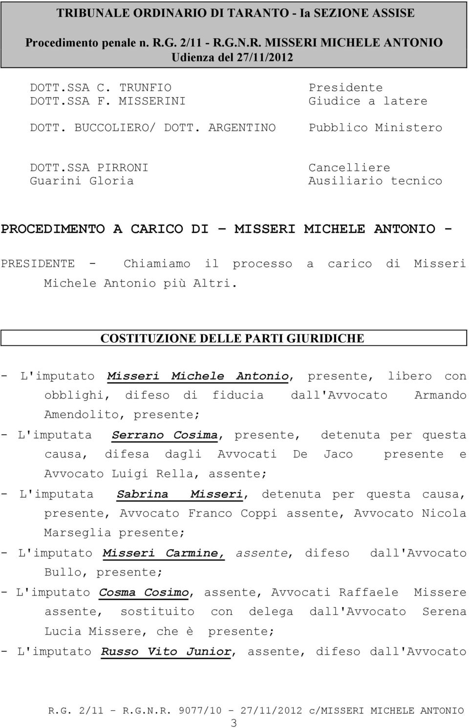 SSA PIRRONI Guarini Gloria Cancelliere Ausiliario tecnico PROCEDIMENTO A CARICO DI MISSERI MICHELE ANTONIO - PRESIDENTE - Chiamiamo il processo a carico di Misseri Michele Antonio più Altri.