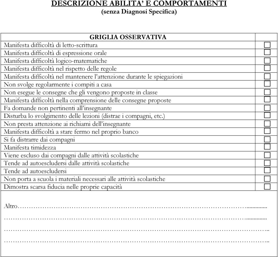 consegne che gli vengono proposte in classe Manifesta difficoltà nella comprensione delle consegne proposte Fa domande non pertinenti all insegnante Disturba lo svolgimento delle lezioni (distrae i