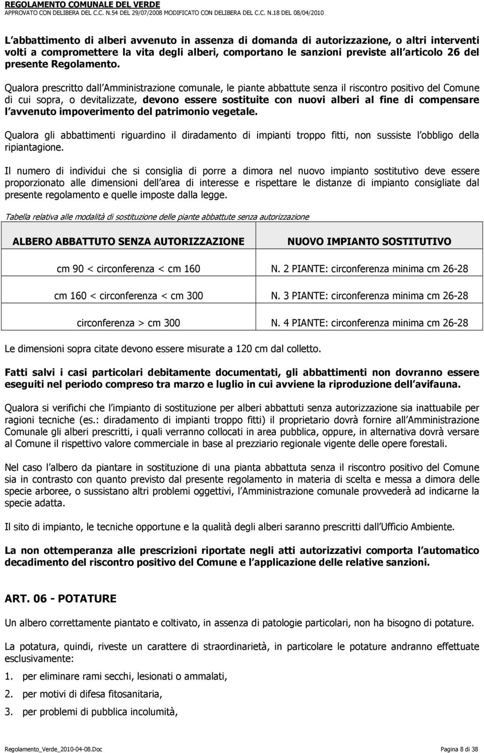 Qualora prescritto dall Amministrazione comunale, le piante abbattute senza il riscontro positivo del Comune di cui sopra, o devitalizzate, devono essere sostituite con nuovi alberi al fine di