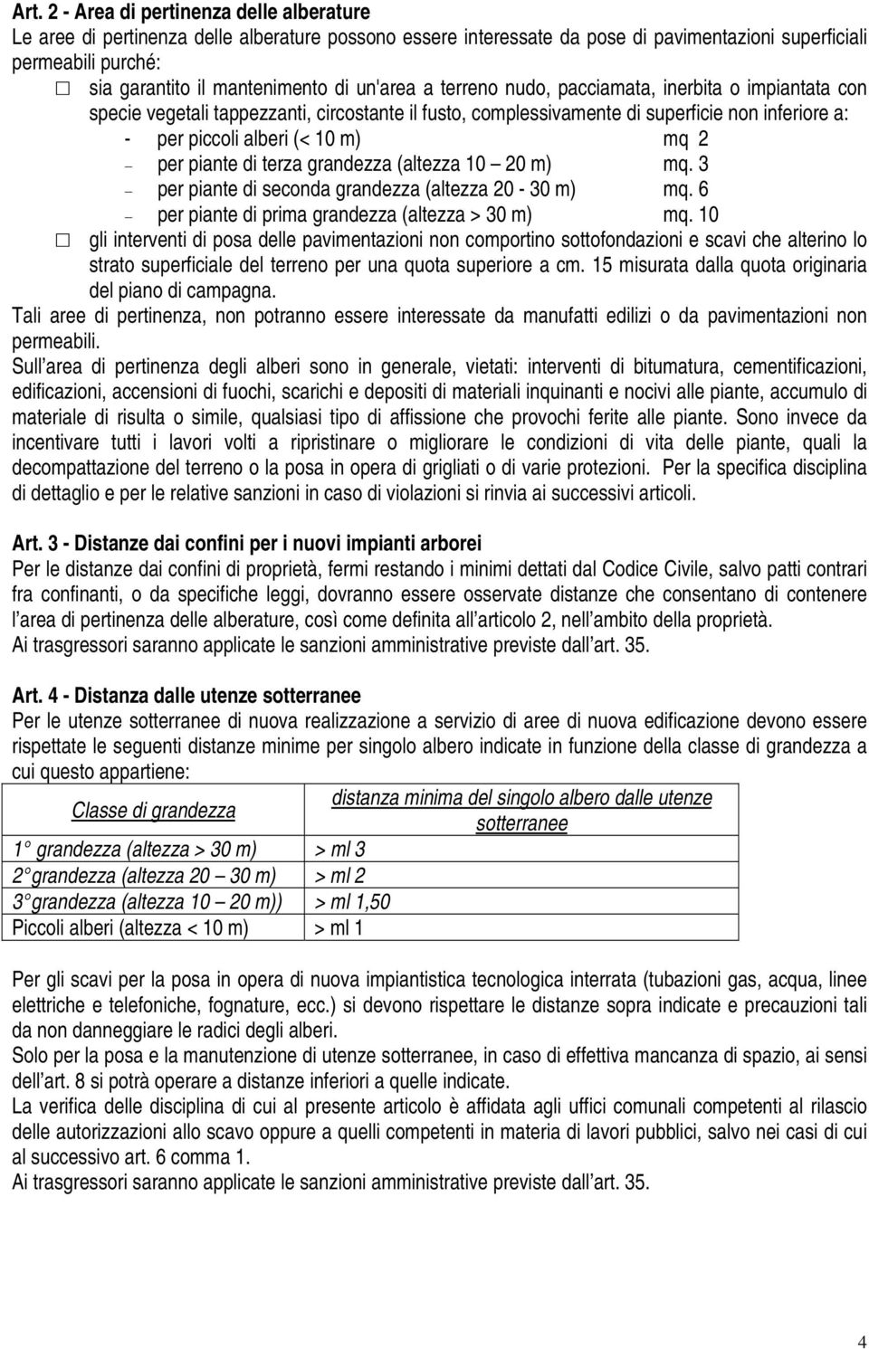 per piante di terza grandezza (altezza 10 20 m) mq. 3 per piante di seconda grandezza (altezza 20-30 m) mq. 6 per piante di prima grandezza (altezza > 30 m) mq.