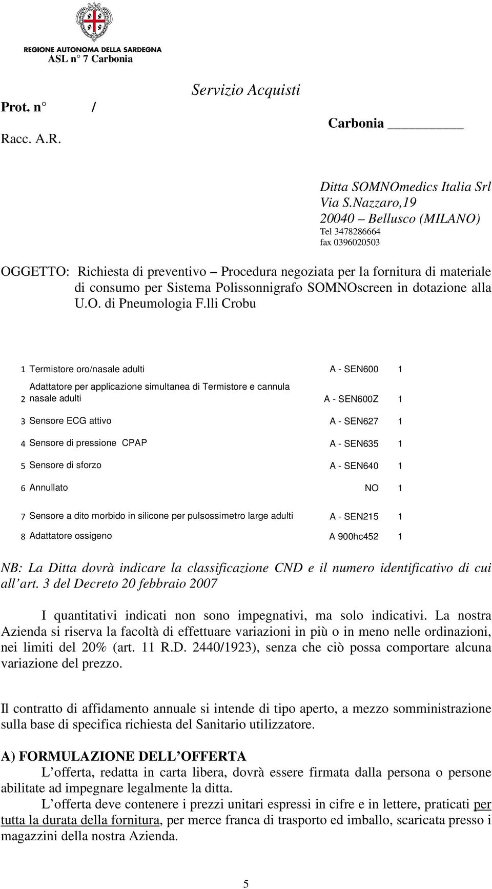 in dotazione alla U.O. di Pneumologia F.