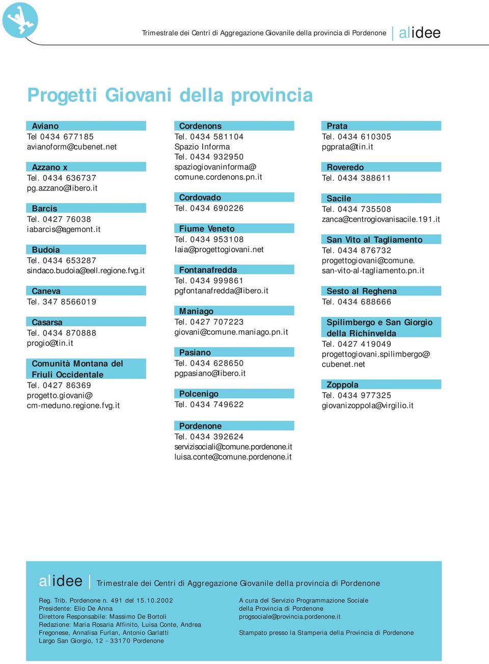 it Comunità Montana del Friuli Occidentale Tel. 0427 86369 progetto.giovani@ cm-meduno.regione.fvg.it Cordenons Tel. 0434 581104 Spazio Informa Tel. 0434 932950 spaziogiovaninforma@ comune.cordenons.