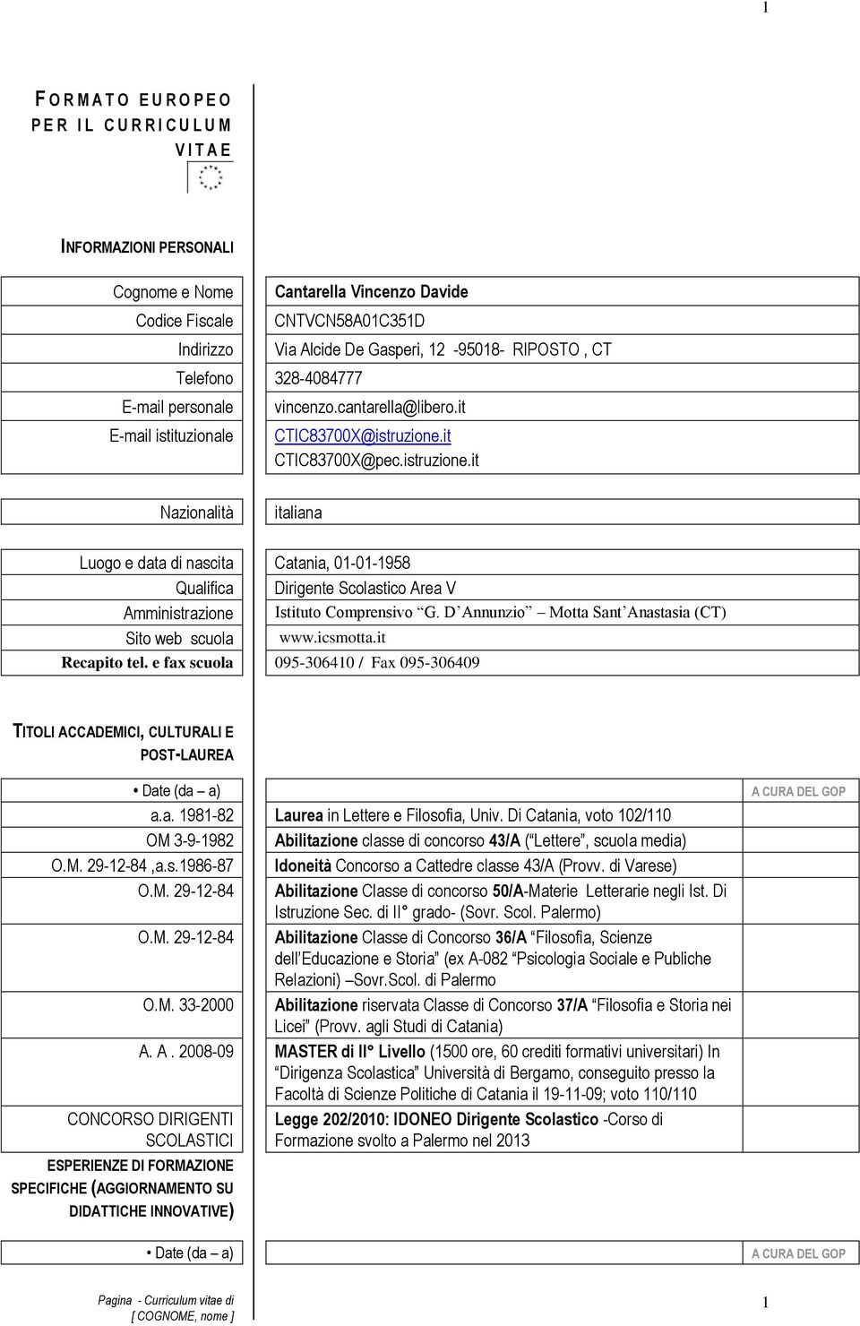 it CTIC83700X@pec.istruzione.it Nazionalità italiana Luogo e data di nascita Catania, 01-01-1958 Qualifica Dirigente Scolastico V Amministrazione Istituto Comprensivo G.
