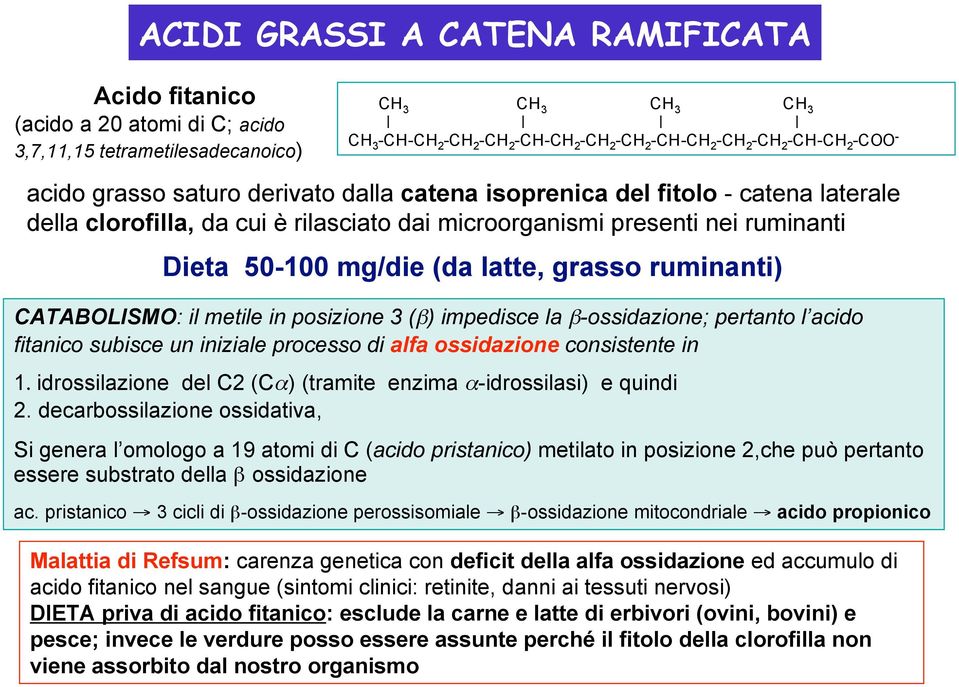 (da latte, grasso ruminanti) CATABOLISMO: il metile in posizione 3 (β) impedisce la β-ossidazione; pertanto l acido fitanico subisce un iniziale processo di alfa ossidazione consistente in 1.