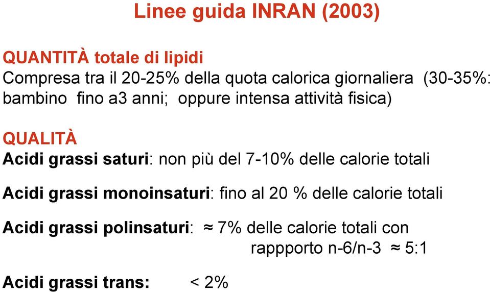 saturi: non più del 7-10% delle calorie totali Acidi grassi monoinsaturi: fino al 20 % delle