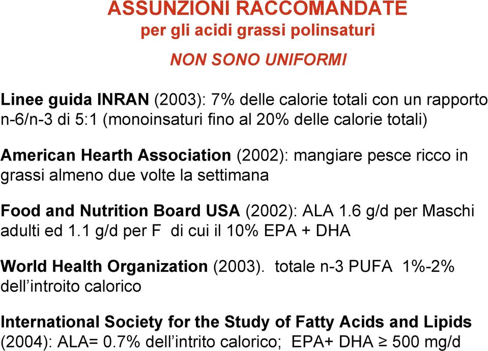 Food and Nutrition Board USA (2002): ALA 1.6 g/d per Maschi adulti ed 1.1 g/d per F di cui il 10% EPA + DHA World Health Organization (2003).