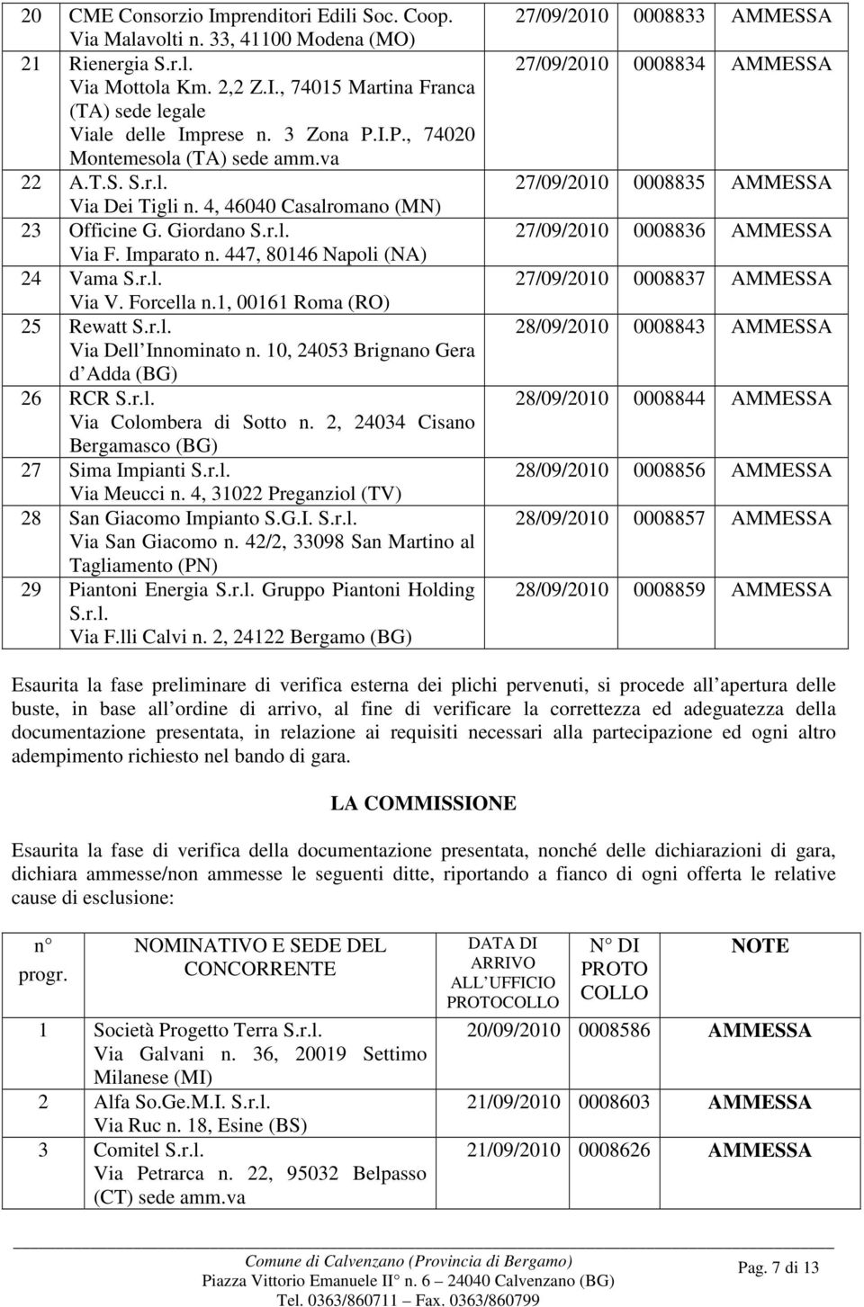 Forcella n.1, 00161 Roma (RO) 25 Rewatt S.r.l. Via Dell Innominato n. 10, 24053 Brignano Gera d Adda (BG) 26 RCR S.r.l. Via Colombera di Sotto n. 2, 24034 Cisano Bergamasco (BG) 27 Sima Impianti S.r.l. Via Meucci n.