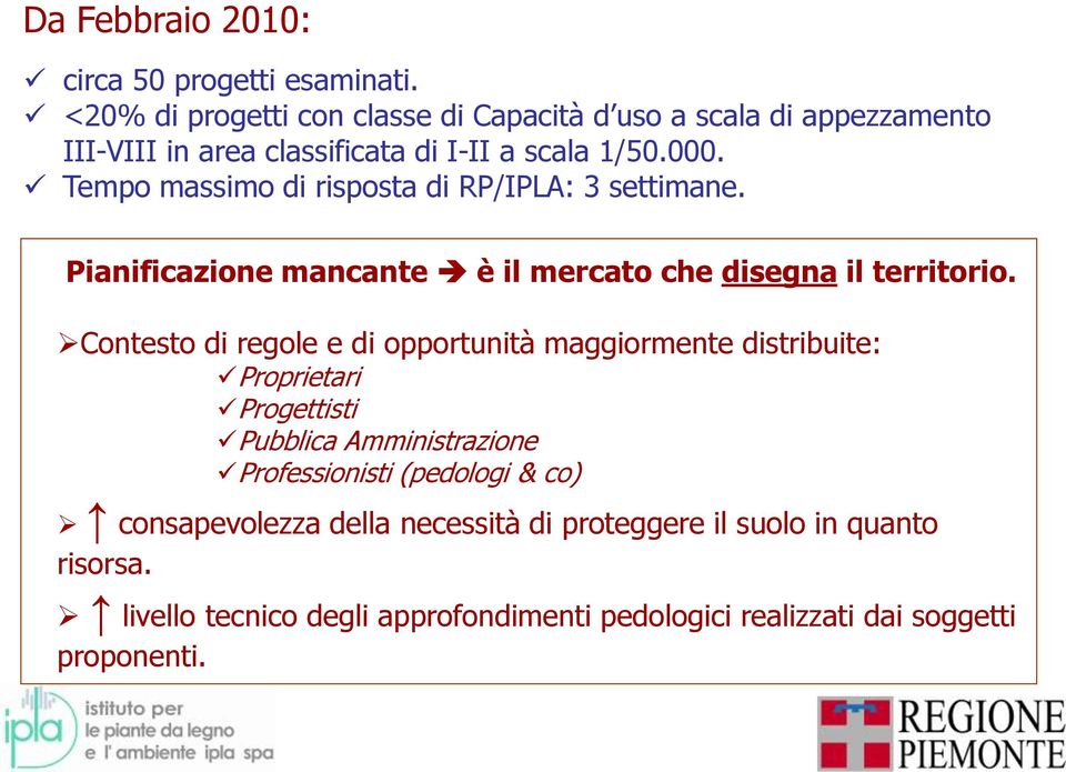 Tempo massimo di risposta di RP/IPLA: 3 settimane. Pianificazione mancante è il mercato che disegna il territorio.