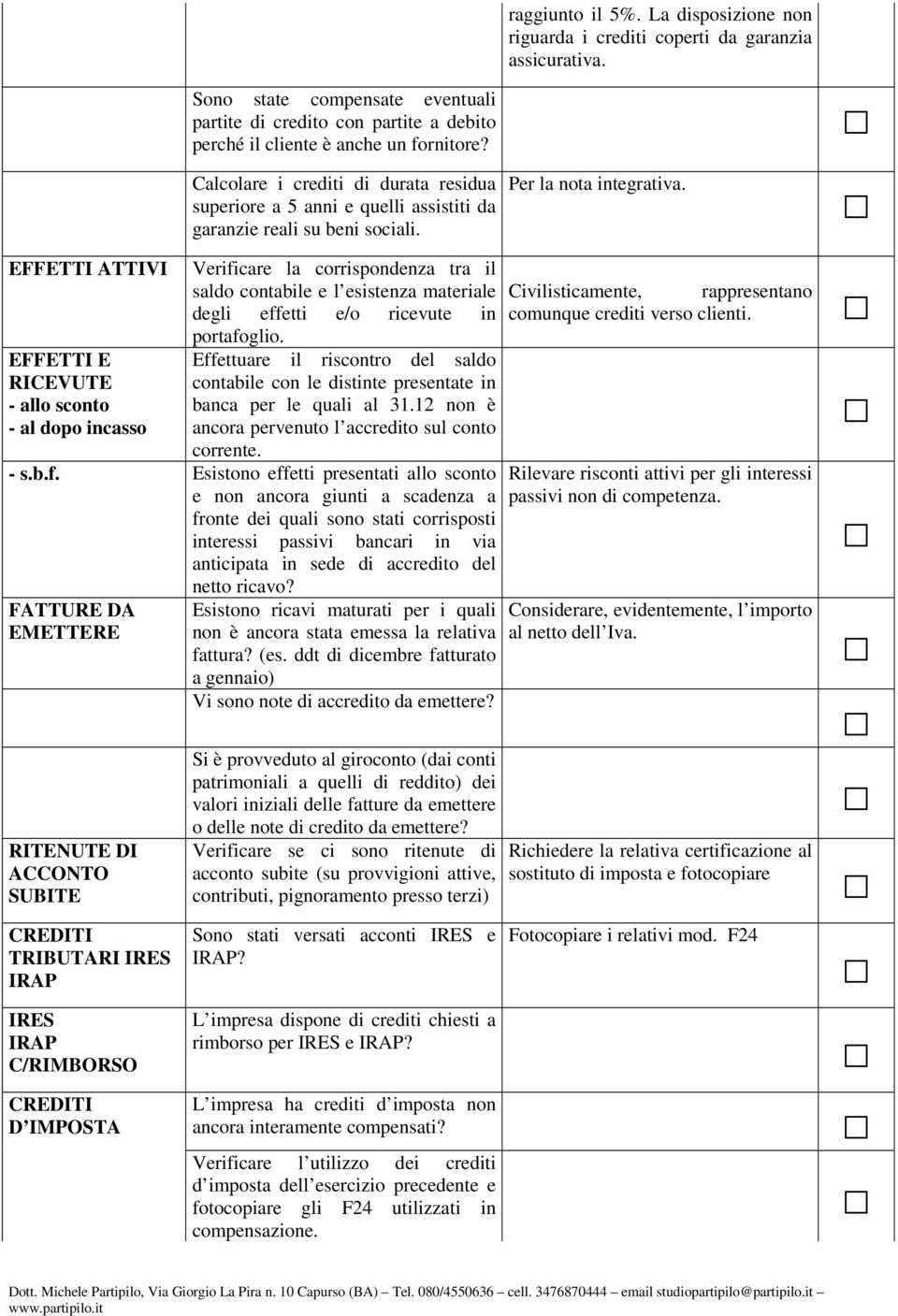 Verificare la corrispondenza tra il saldo contabile e l esistenza materiale degli effetti e/o ricevute in portafoglio.