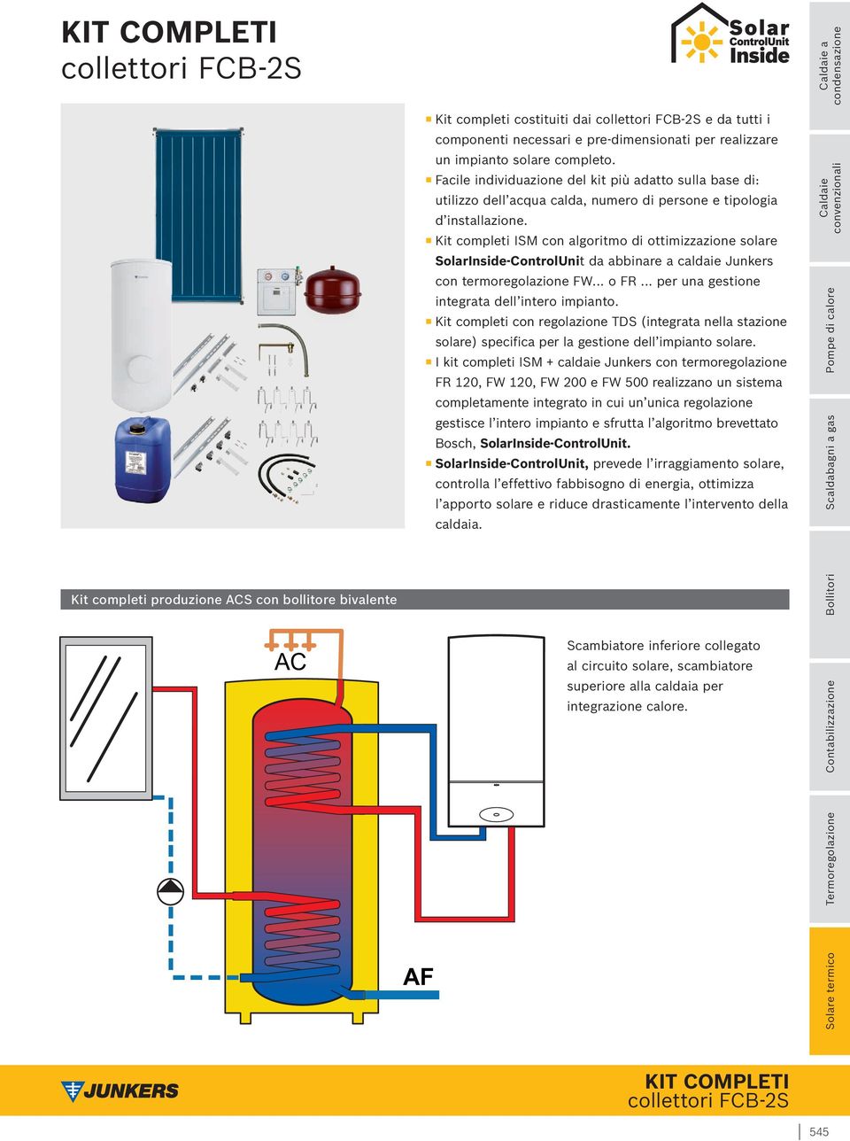 Kit completi ISM con algoritmo di ottimizzazione solare SolarInside-ControlUnit da abbinare a caldaie Junkers con termoregolazione FW... o FR... per una gestione integrata dell intero impianto.