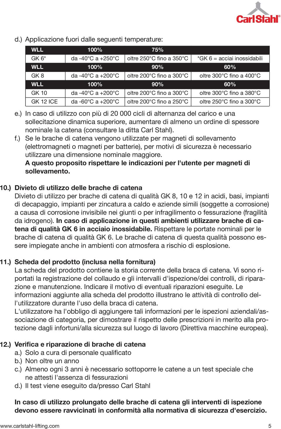 C oltre 300 C fino a 400 C WLL 00% 90% 60% GK 0 da -40 C a +200 C oltre 200 C fino a 300 C oltre 300 C fino a 380 C GK 2 ICE da -60 C a +200 C oltre 200 C fino a 250 C oltre 250 C fino a 300 C e.