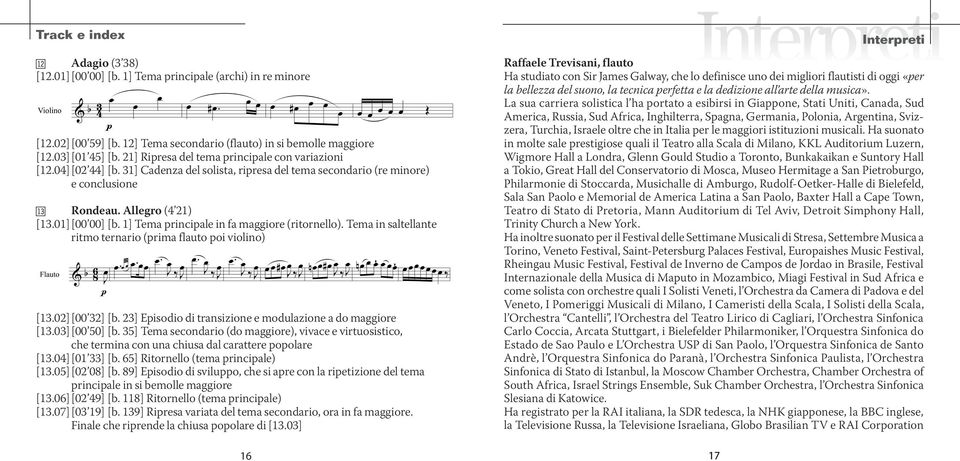 1] Tema principale in fa maggiore (ritornello). Tema in saltellante ritmo ternario (prima flauto poi violino) [13.02] [00 32] [b. 23] Episodio di transizione e modulazione a do maggiore [13.