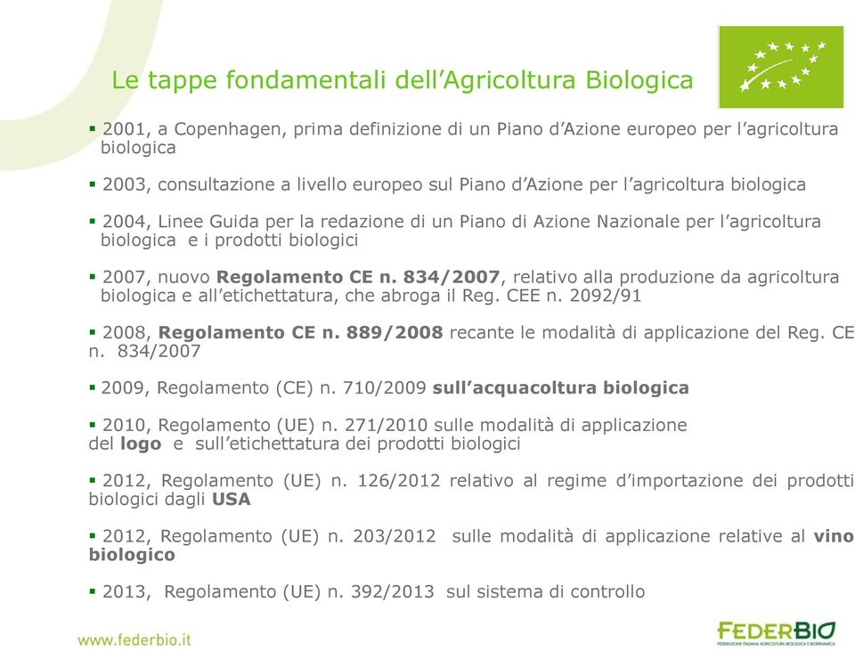 834/2007, relativo alla produzione da agricoltura biologica e all etichettatura, che abroga il Reg. CEE n. 2092/91 2008, Regolamento CE n. 889/2008 recante le modalità di applicazione del Reg. CE n. 834/2007 2009, Regolamento (CE) n.
