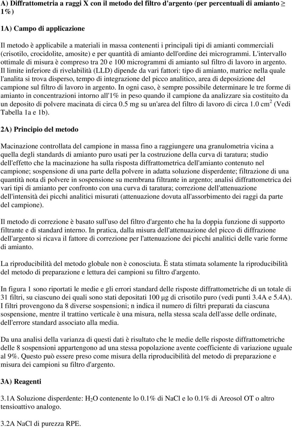 L'intervallo ottimale di misura è compreso tra 20 e 100 microgrammi di amianto sul filtro di lavoro in argento.