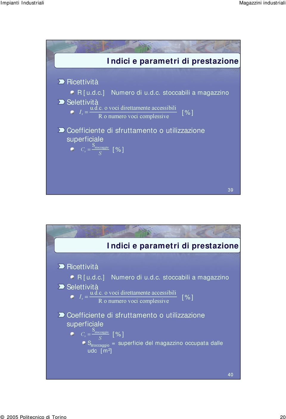 sfruttamento o utilizzazione superficiale C s S stoccaggio = [%] S S stoccaggio = superficie del magazzino occupata dalle udc [m 2 ] 40 2005 Politecnico di