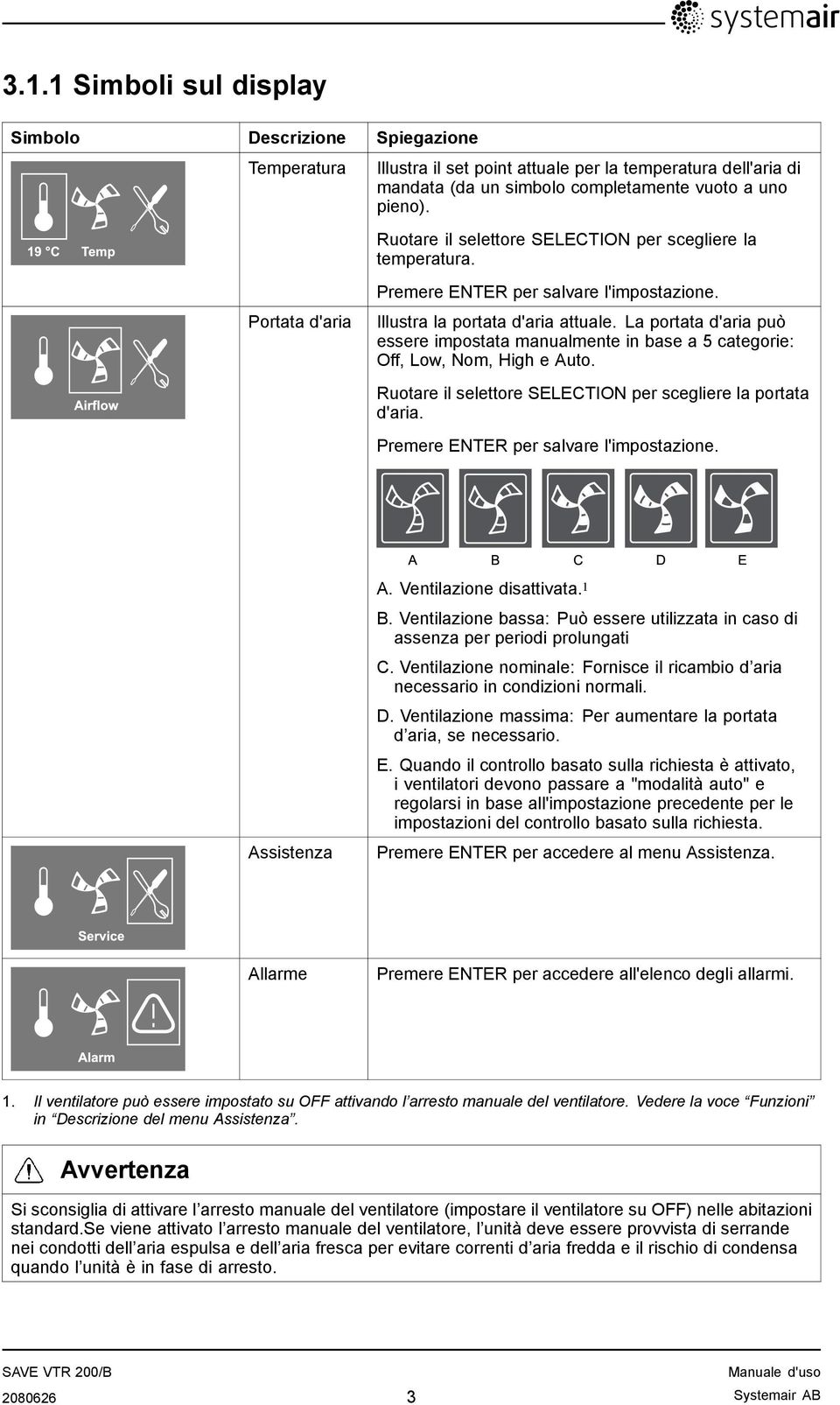 La portata d'aria può essere impostata manualmente in base a 5 categorie: Off, Low, Nom, High e Auto. Ruotare il selettore SELECTION per scegliere la portata d'aria.