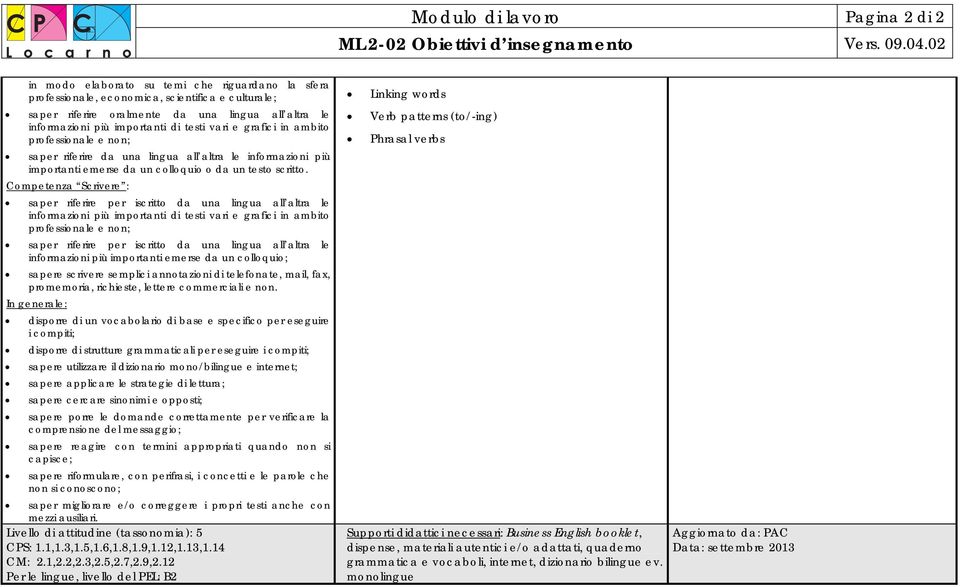 Competenza Scrivere : saper riferire per iscritto da una lingua all altra le informazioni più importanti di testi vari e grafici in ambito professionale e non; saper riferire per iscritto da una