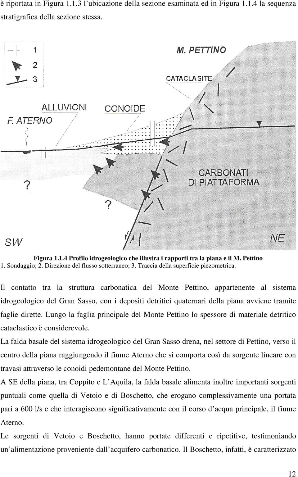 Il contatto tra la struttura carbonatica del Monte Pettino, appartenente al sistema idrogeologico del Gran Sasso, con i depositi detritici quaternari della piana avviene tramite faglie dirette.